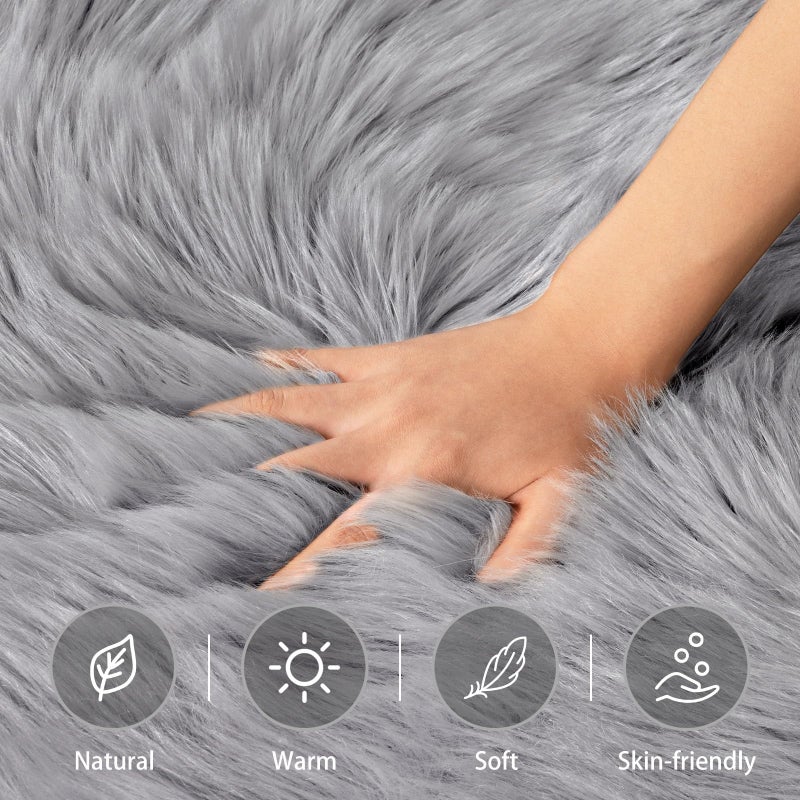 Ciicool Grey Fur Fluffy Rug, 2x4 ft Small Faux Fur Rugs for Bedroom, Washable Faux Sheepskin Carpet for Sofa Couch Seat Cushion, Thick Shaggy Furry Rugs Floor Carpets for Bedside Living Room - Image 3